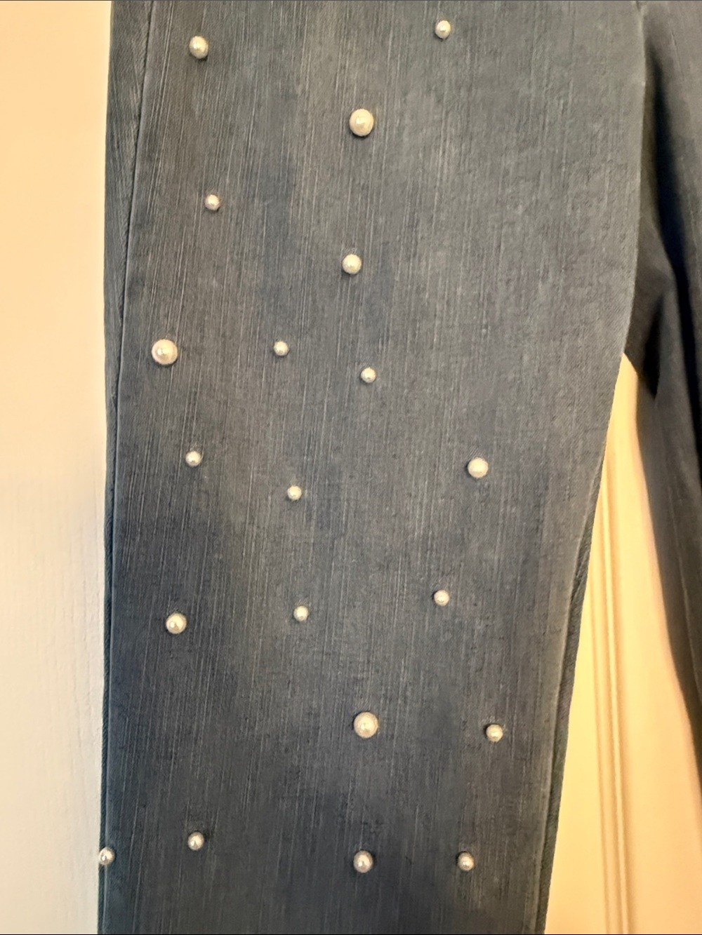 Soft Surroundings Blue Pearl-Embellished Straight-Leg Jeans - Picture 3 of 9